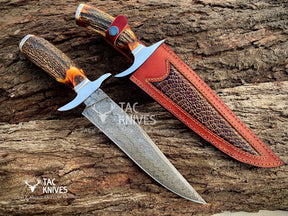 13" Damascus Bowie Hunting Knife With Antler Handle & Leather Sheath