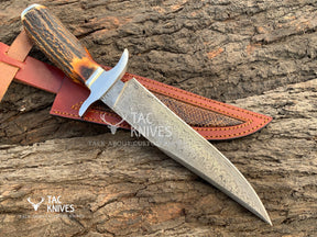 13" Damascus Bowie Hunting Knife With Antler Handle & Leather Sheath