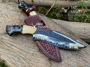 Heavy Duty Hunting Knife With Bone & Horn Handle and Leather Sheath