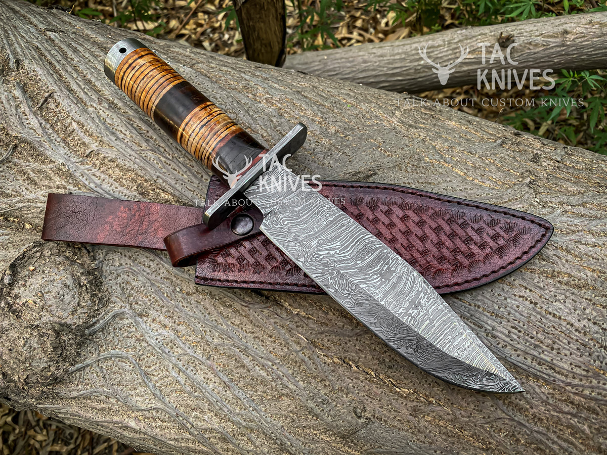 Damascus Hunting Bowie Knife With Leather Handle & Leather Sheath