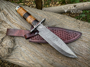 Damascus Hunting Bowie Knife With Leather Handle & Leather Sheath