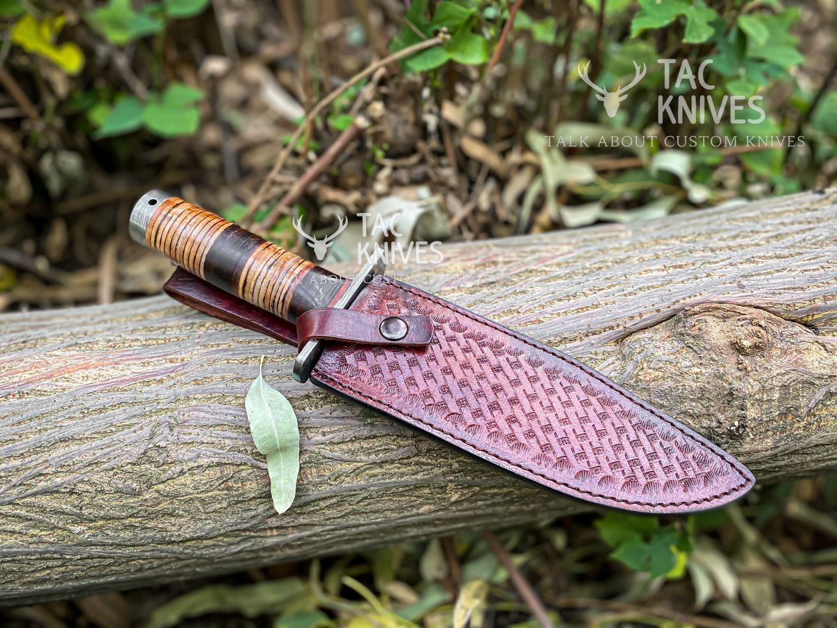Damascus Hunting Bowie Knife With Leather Handle & Leather Sheath