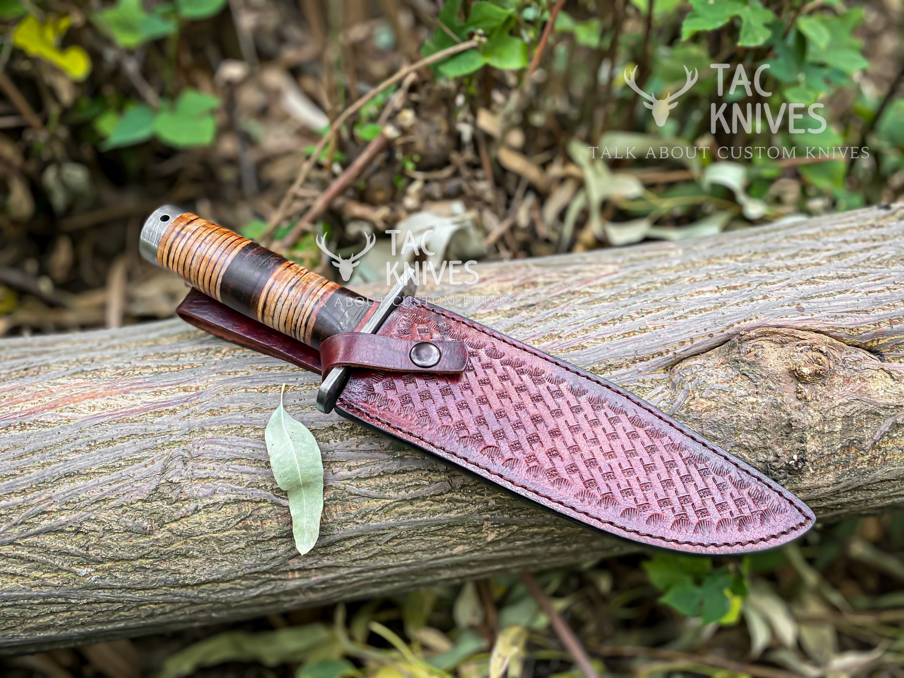 Damascus Hunting Bowie Knife With Leather Handle & Leather Sheath