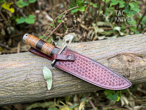 Damascus Hunting Bowie Knife With Leather Handle & Leather Sheath