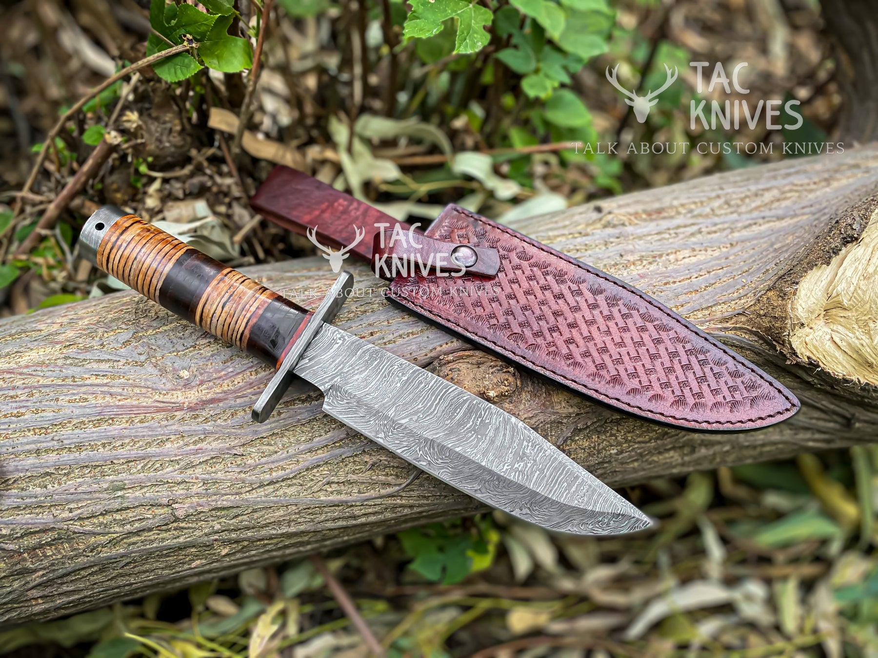 Damascus Hunting Bowie Knife With Leather Handle & Leather Sheath