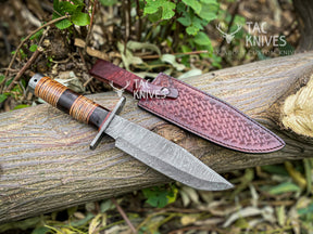 Damascus Hunting Bowie Knife With Leather Handle & Leather Sheath