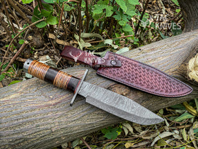Damascus Hunting Bowie Knife With Leather Handle & Leather Sheath