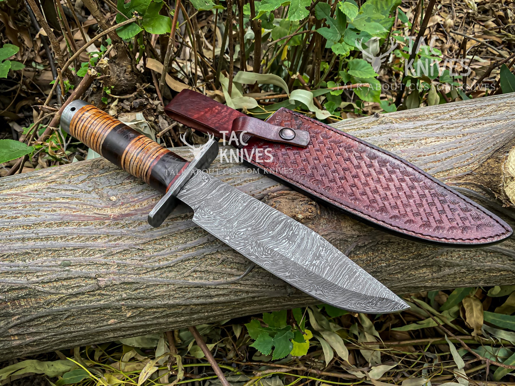 Damascus Hunting Bowie Knife With Leather Handle & Leather Sheath