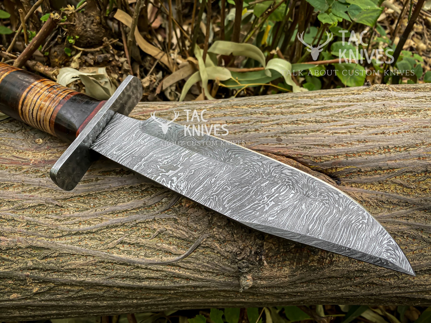 Damascus Hunting Bowie Knife With Leather Handle & Leather Sheath