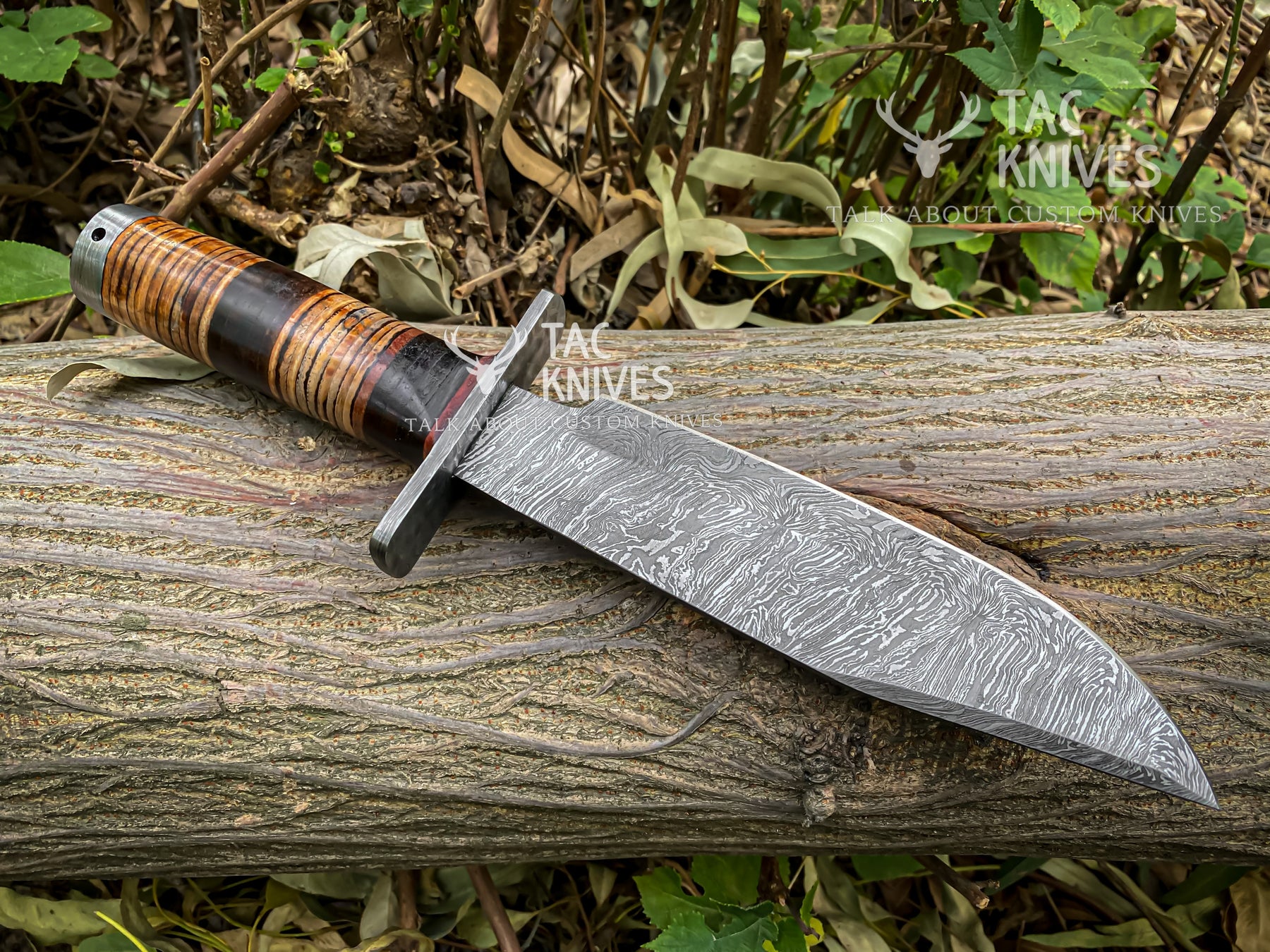 Damascus Hunting Bowie Knife With Leather Handle & Leather Sheath