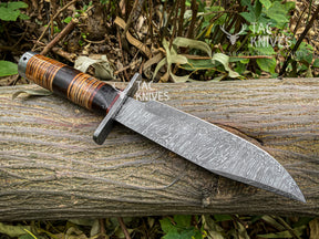 Damascus Hunting Bowie Knife With Leather Handle & Leather Sheath