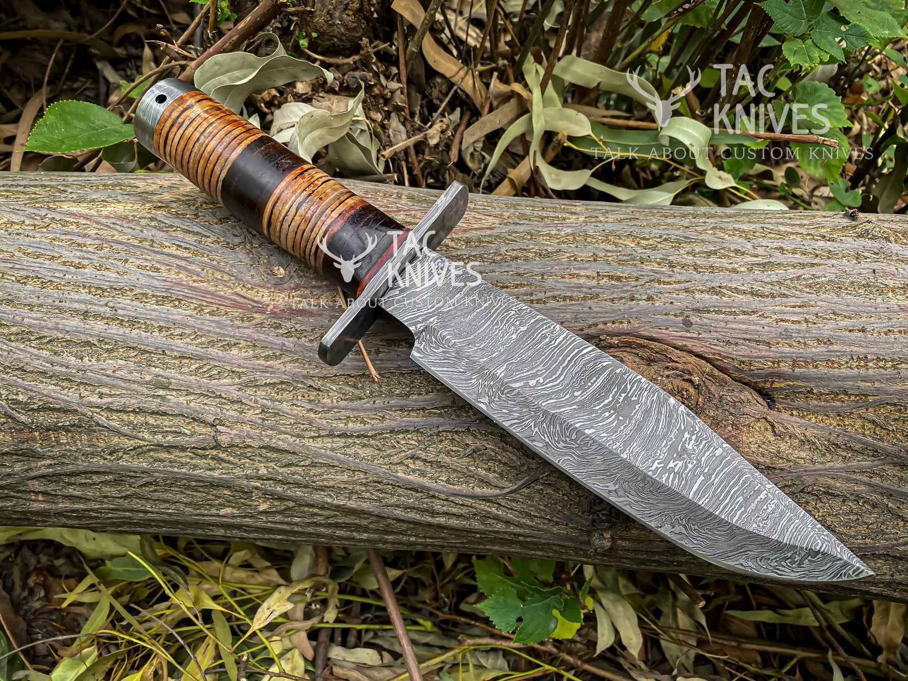 Damascus Hunting Bowie Knife With Leather Handle & Leather Sheath