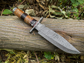 Damascus Hunting Bowie Knife With Leather Handle & Leather Sheath