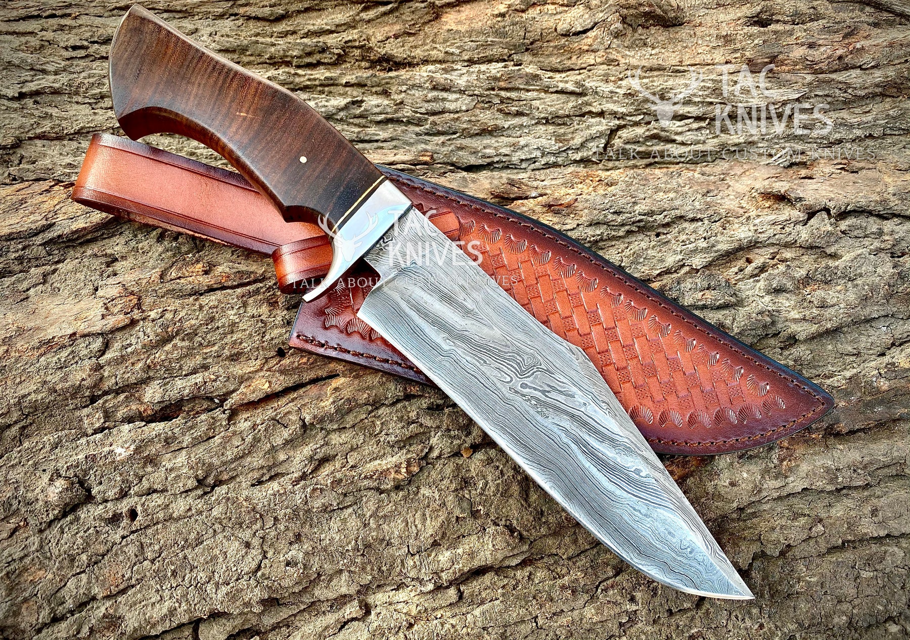 13" Damascus Hunting Knife With Wood Handle