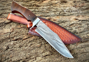 13" Damascus Hunting Knife With Wood Handle
