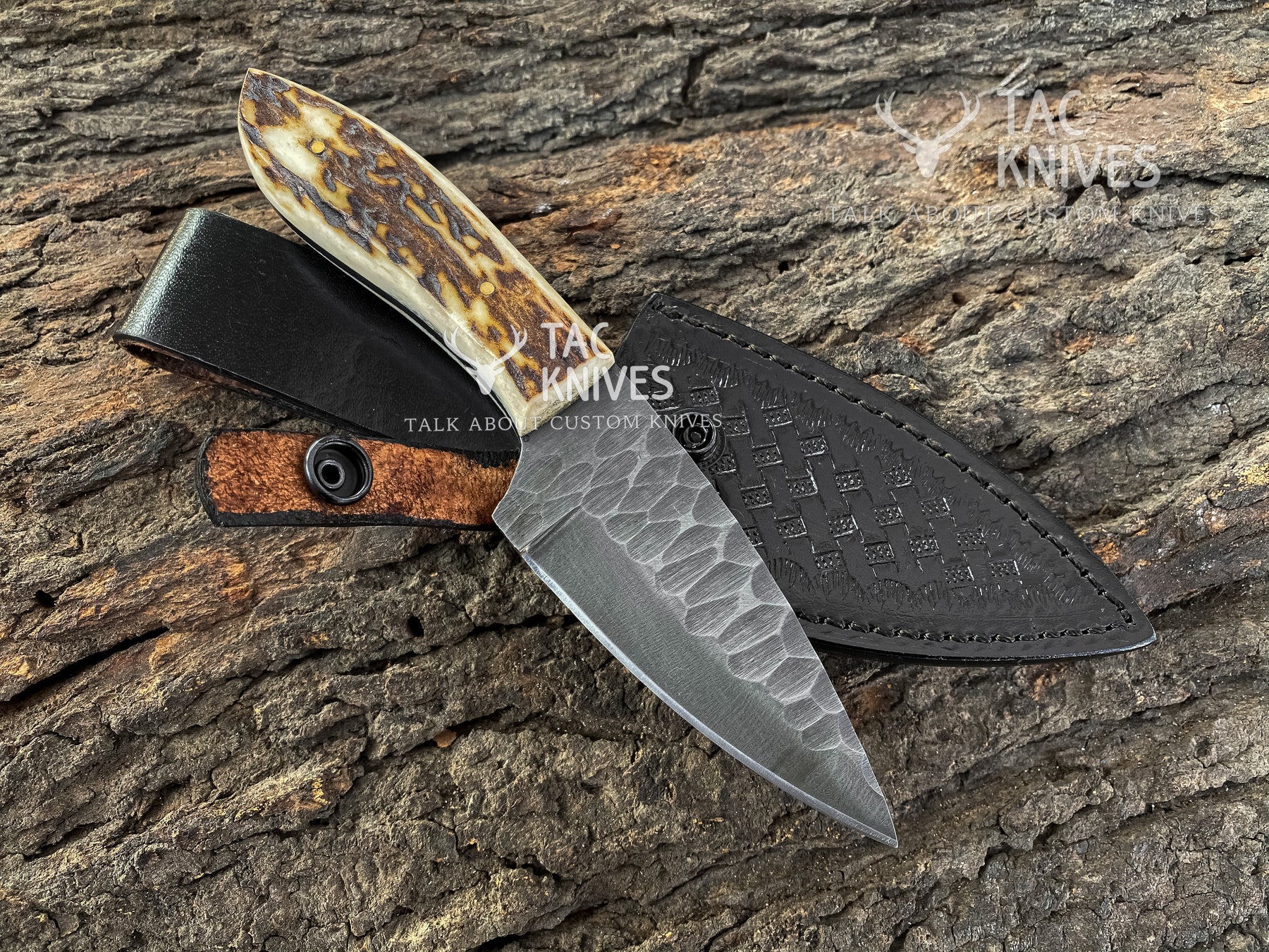 A fixed-blade knife with a patterned steel blade, a tortoiseshell-style handle, and a black leather sheath, displayed on a textured tree bark background. The Tac Knives logo is visible on the handle and sheath.