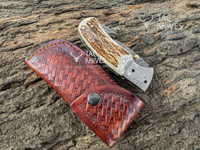3.5" Damascus Antler Handle Pocket Knife With Gut Hook & Leather Sheath