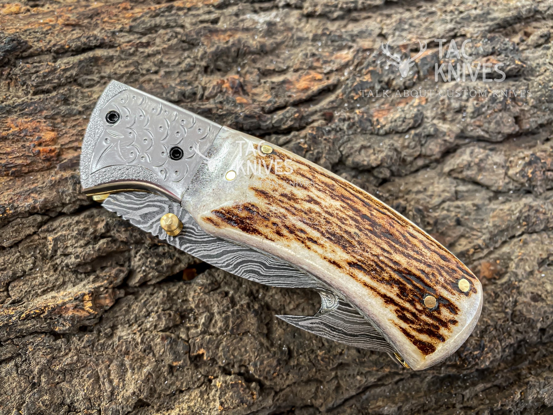 3.5" Damascus Antler Handle Pocket Knife With Gut Hook & Leather Sheath