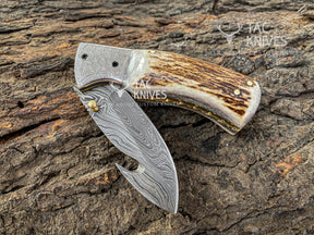 3.5" Damascus Antler Handle Pocket Knife With Gut Hook & Leather Sheath