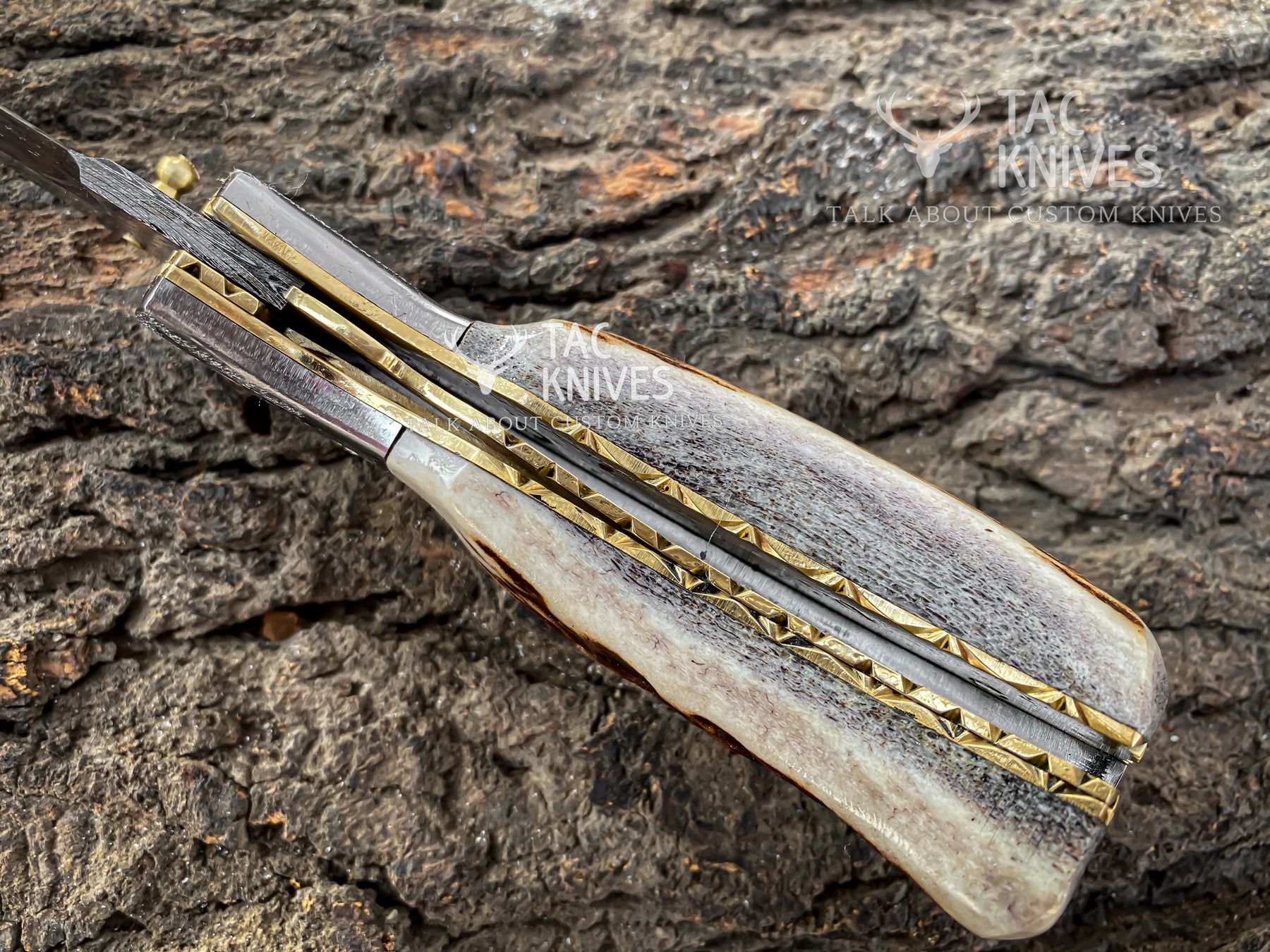 3.5" Damascus Antler Handle Pocket Knife With Gut Hook & Leather Sheath