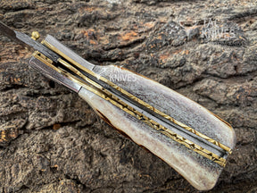 3.5" Damascus Antler Handle Pocket Knife With Gut Hook & Leather Sheath