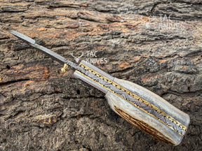 3.5" Damascus Antler Handle Pocket Knife With Gut Hook & Leather Sheath