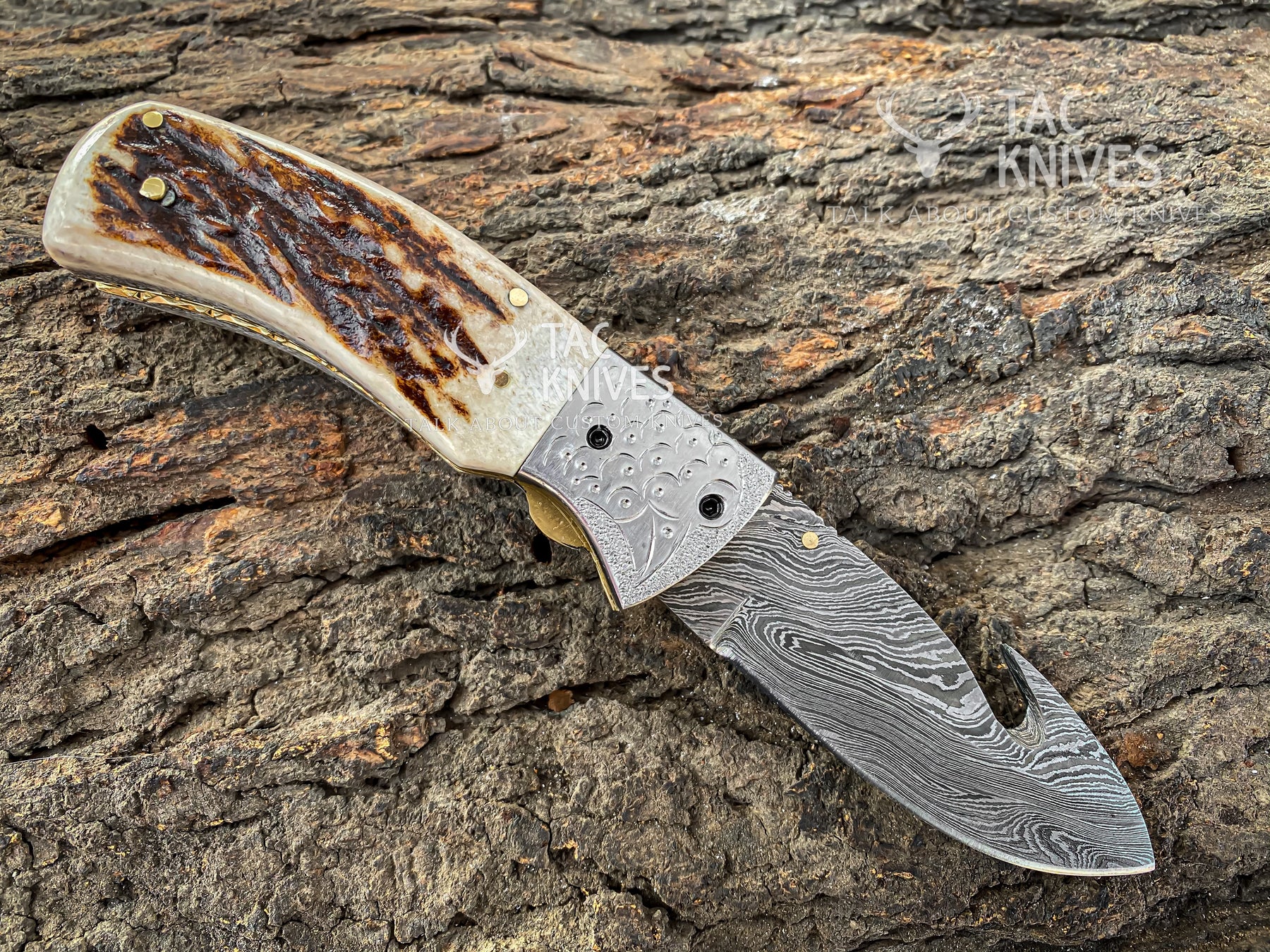 3.5" Damascus Antler Handle Pocket Knife With Gut Hook & Leather Sheath