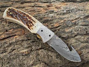 3.5" Damascus Antler Handle Pocket Knife With Gut Hook & Leather Sheath