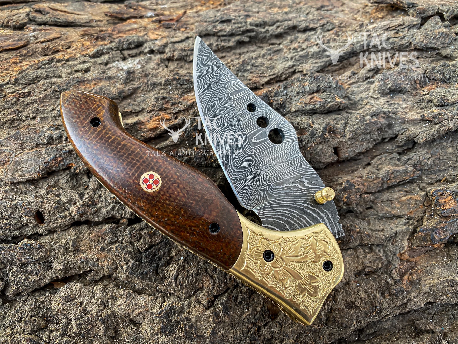Damascus Folding Knife With Wood Handle & Brass Bolster