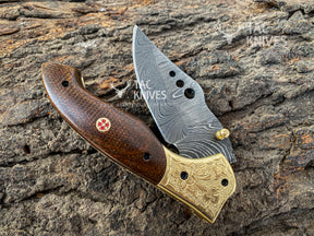 Damascus Folding Knife With Wood Handle & Brass Bolster