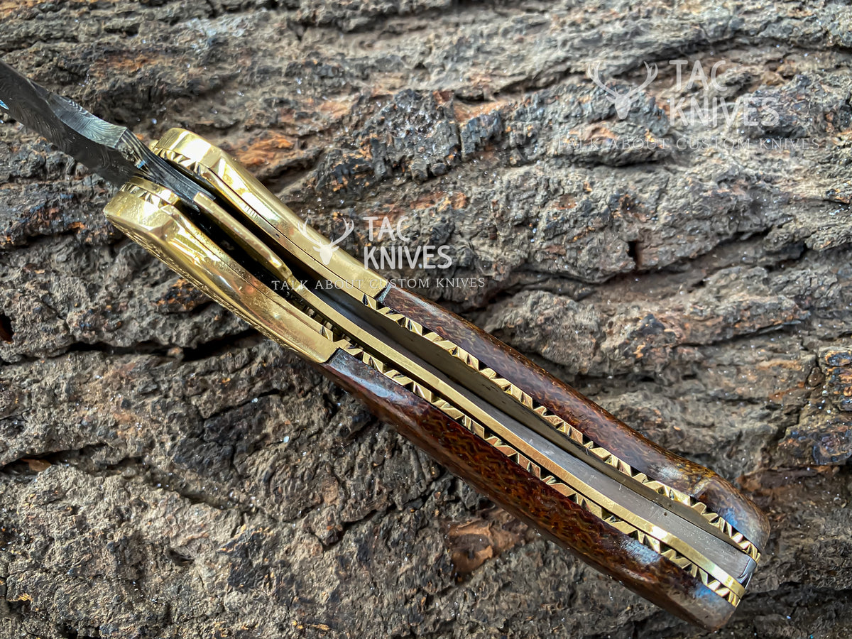 Damascus Folding Knife With Wood Handle & Brass Bolster