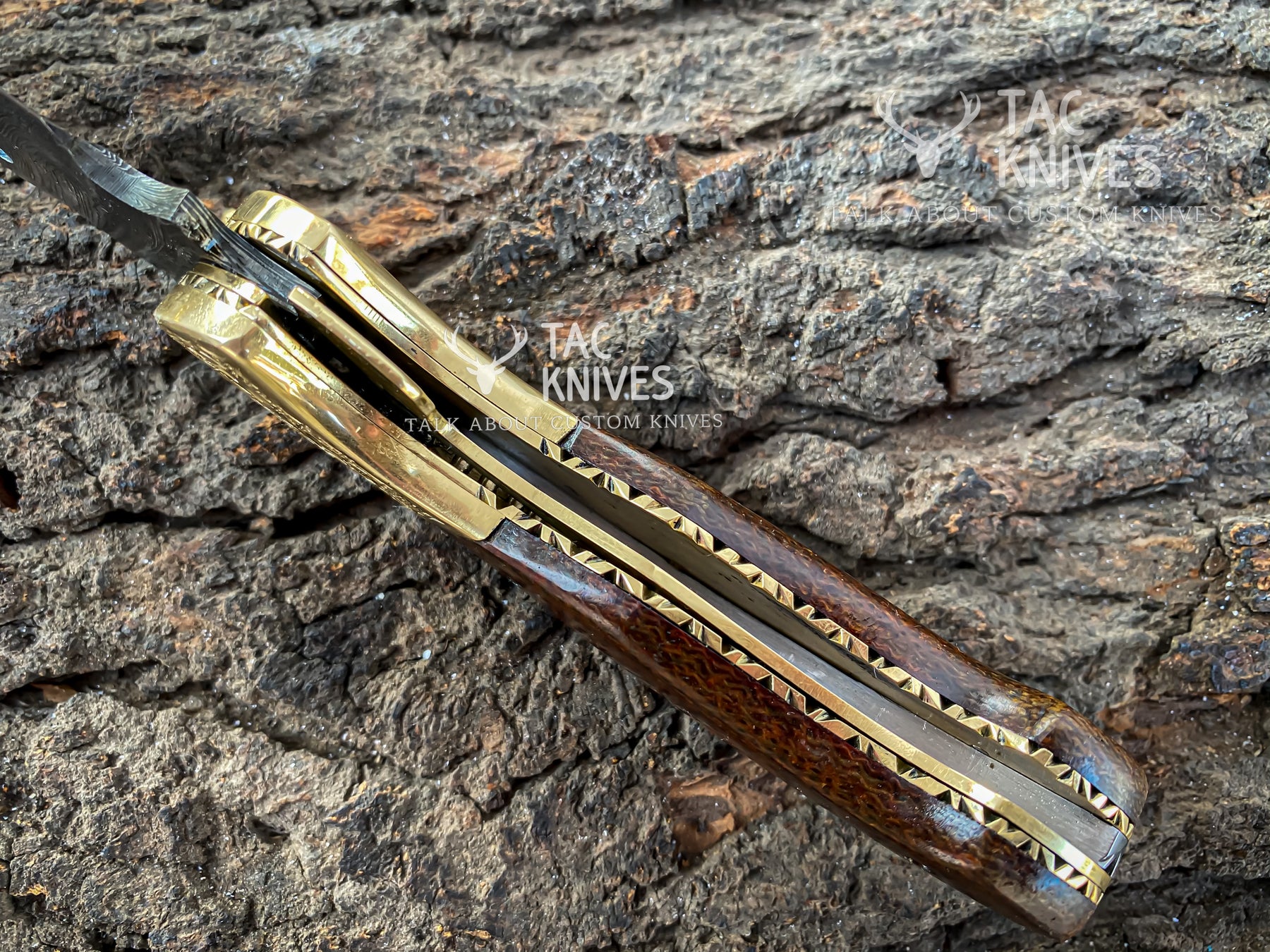 Damascus Folding Knife With Wood Handle & Brass Bolster