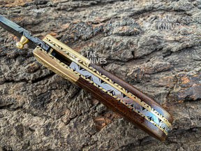 Damascus Folding Knife With Wood Handle & Brass Bolster
