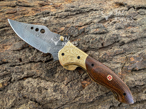 Damascus Folding Knife With Wood Handle & Brass Bolster