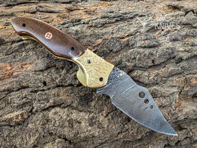 Damascus Folding Knife With Wood Handle & Brass Bolster