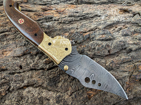 Damascus Folding Knife With Wood Handle & Brass Bolster
