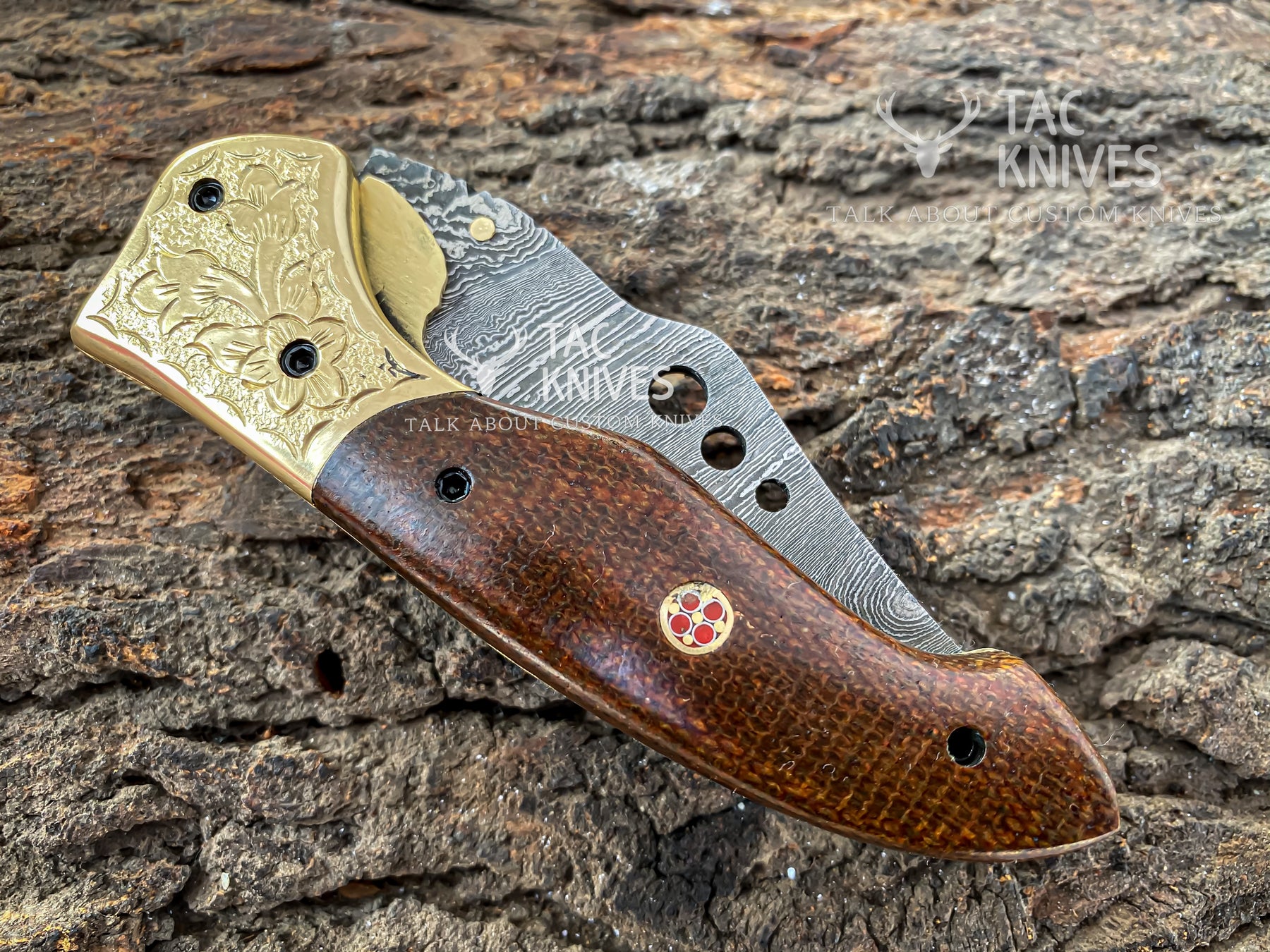 Damascus Folding Knife With Wood Handle & Brass Bolster