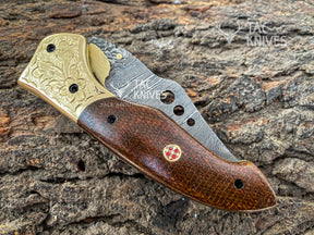 Damascus Folding Knife With Wood Handle & Brass Bolster