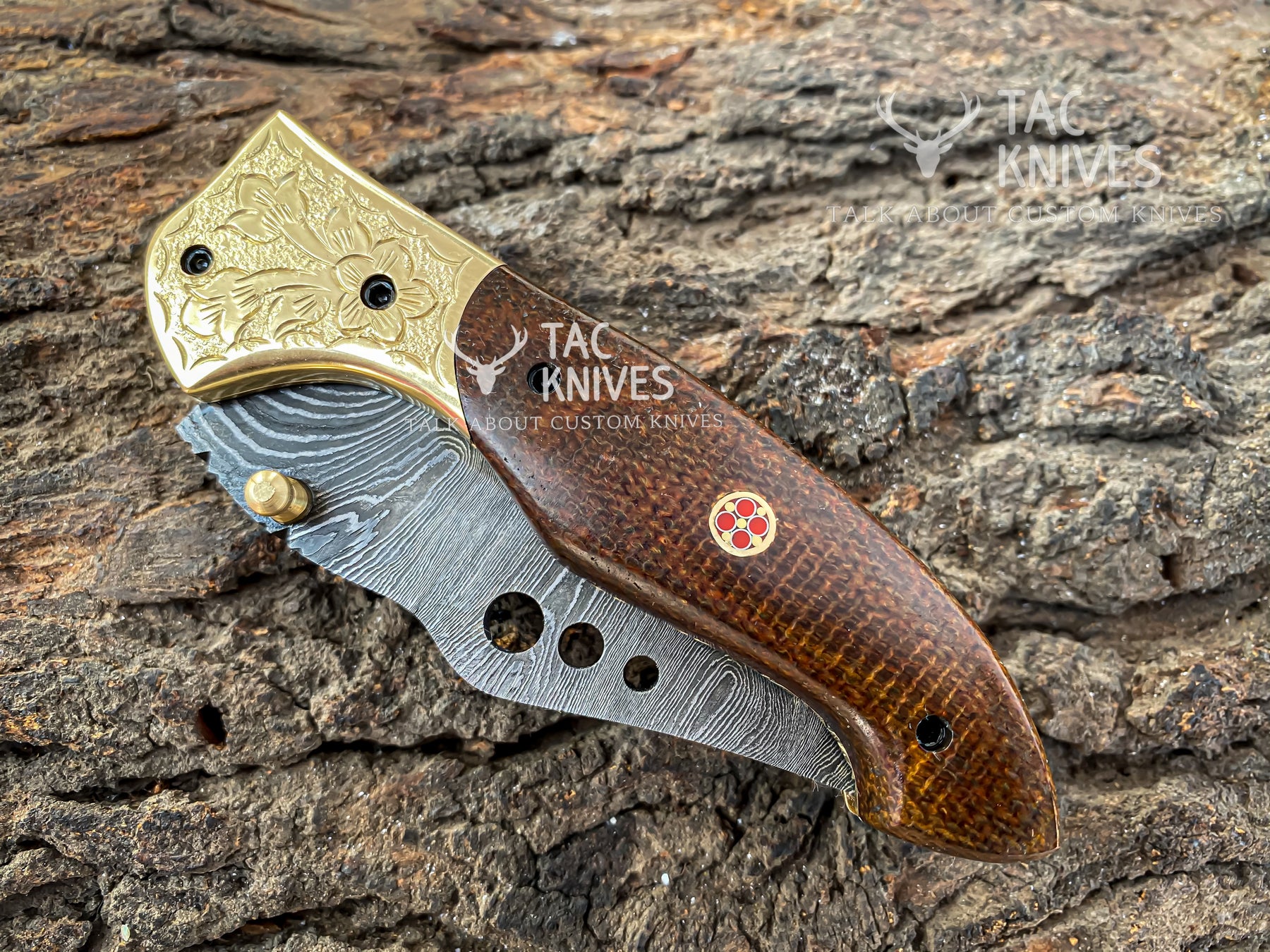 Damascus Folding Knife With Wood Handle & Brass Bolster