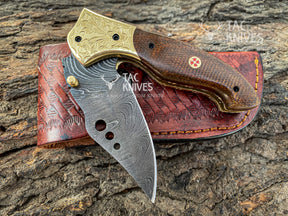 Damascus Folding Knife With Wood Handle & Brass Bolster