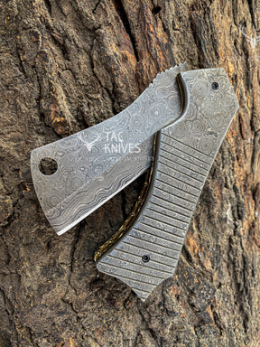 Full Damascus Pocket Knife With Cleaver Style Blade