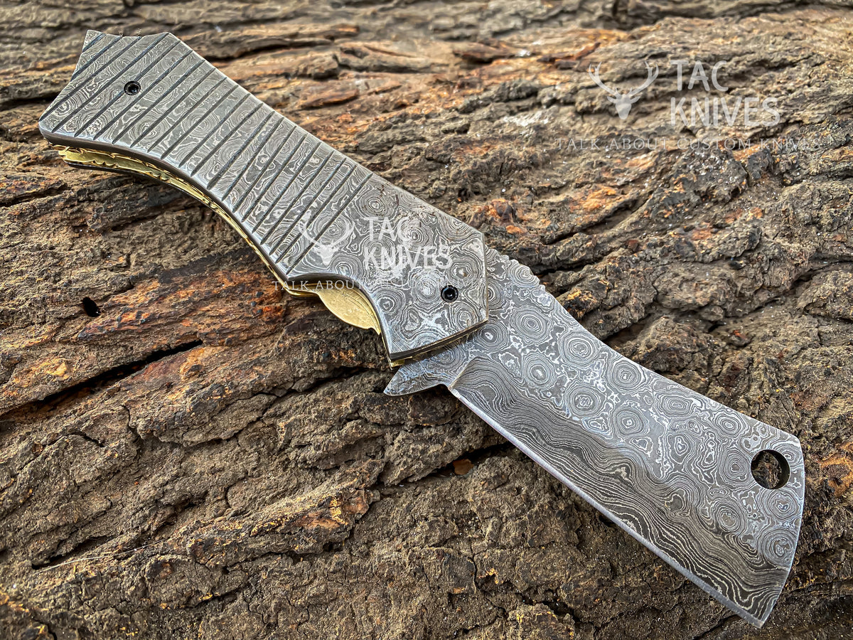 Full Damascus Pocket Knife With Cleaver Style Blade