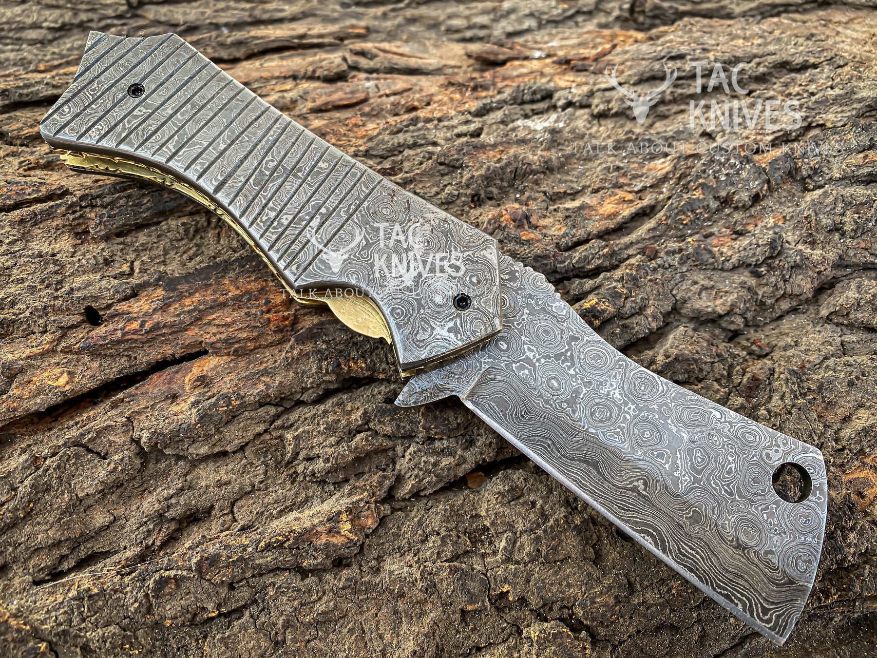 Full Damascus Pocket Knife With Cleaver Style Blade