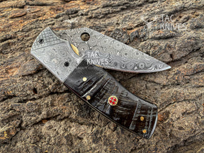 Damascus Pocket Knife With Ram Horn Handle & Leather Sheath