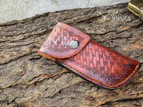 Damascus Pocket Knife With Ram Horn Handle & Leather Sheath