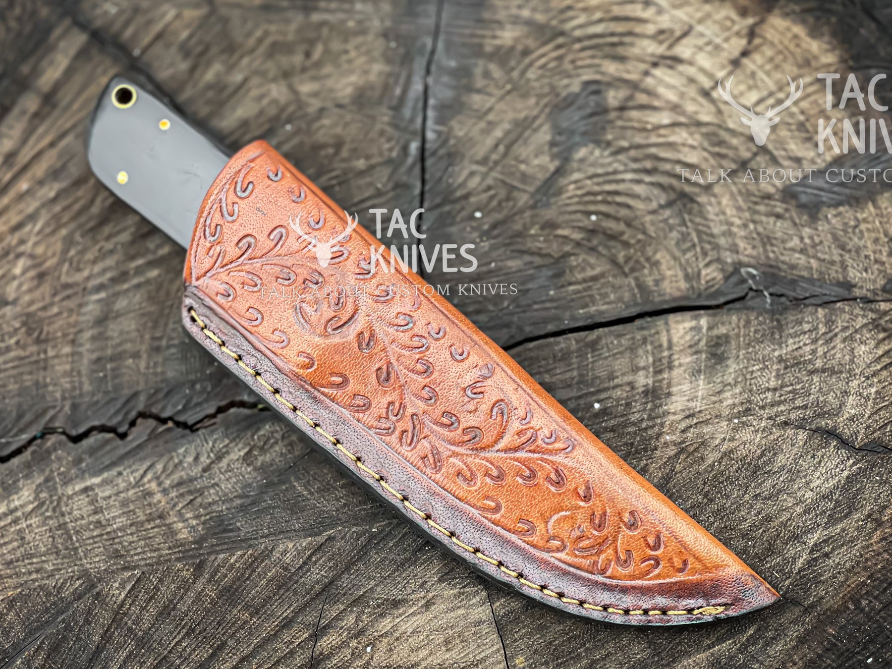 8" Skinner Knife With Hand Engraved Blade, Bull Horn Handle, Copper Bolster & Leather Sheath