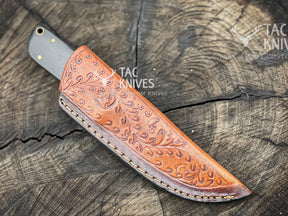 8" Skinner Knife With Hand Engraved Blade, Bull Horn Handle, Copper Bolster & Leather Sheath