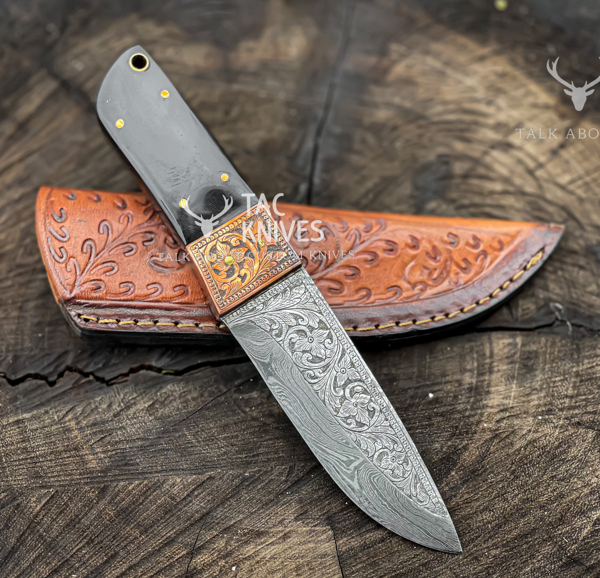 8" Skinner Knife With Hand Engraved Blade, Bull Horn Handle, Copper Bolster & Leather Sheath