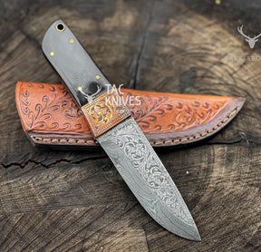 8" Skinner Knife With Hand Engraved Blade, Bull Horn Handle, Copper Bolster & Leather Sheath