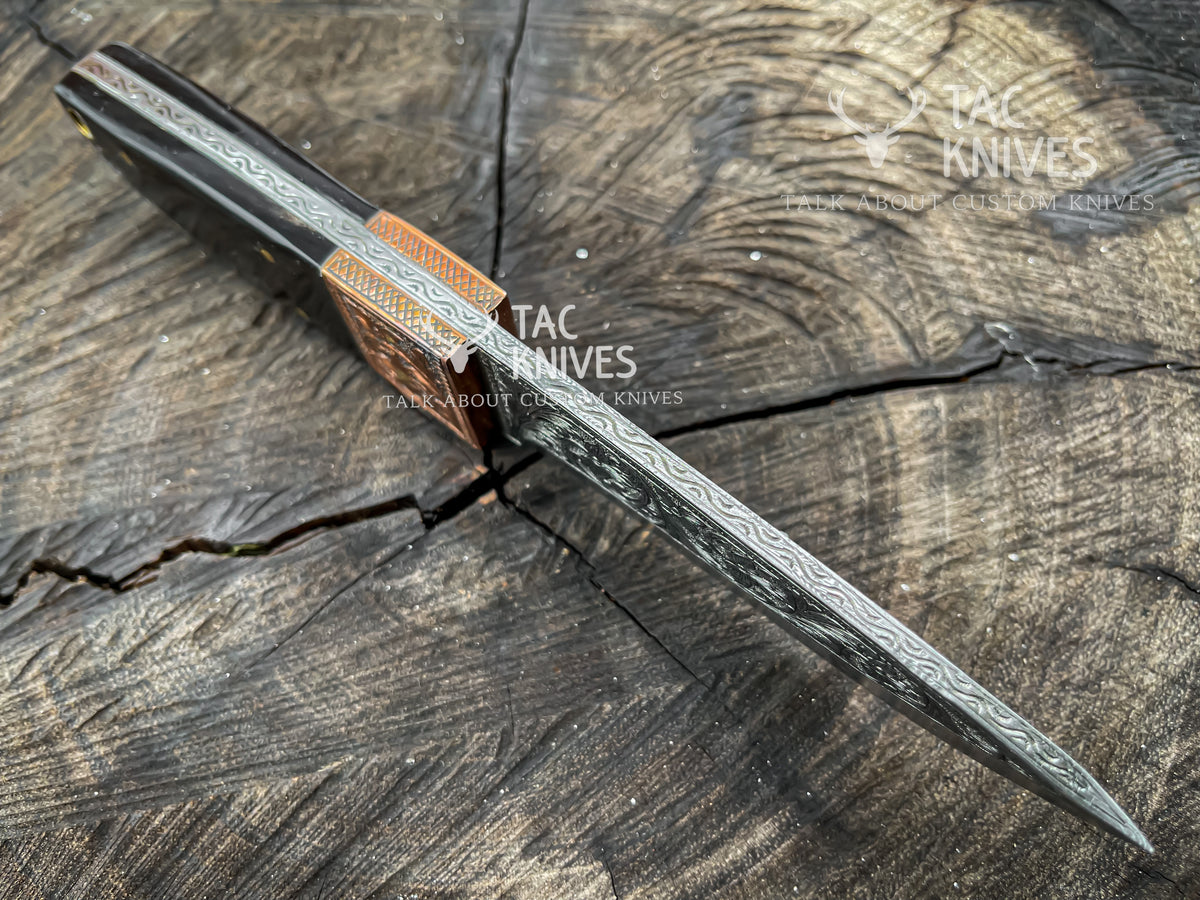8" Skinner Knife With Hand Engraved Blade, Bull Horn Handle, Copper Bolster & Leather Sheath